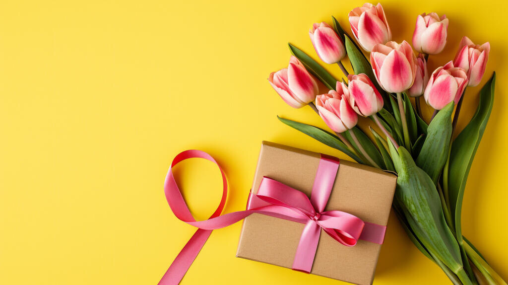A bouquet of tulips and a gift on a yellow background Журналист