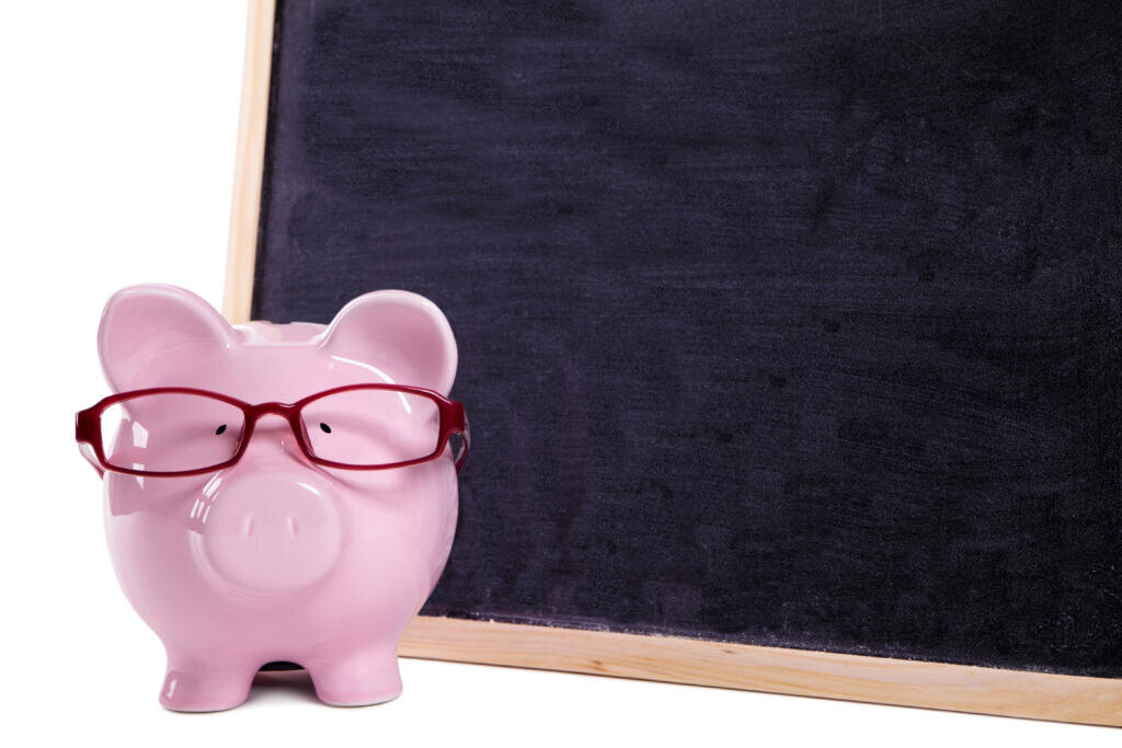 Piggy bank wearing glasses with small blank blackboard, isolated on white background Журналист