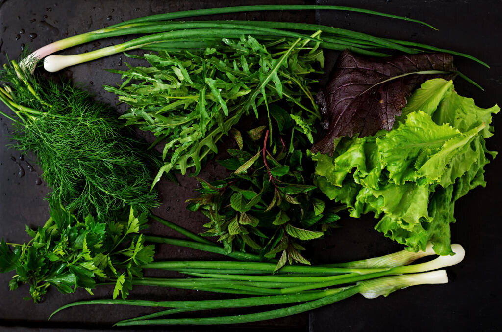 Variety fresh organic herbs (lettuce, arugula, dill, mint, red lettuce and onion) on black background in rustic style. Top view Журналист
